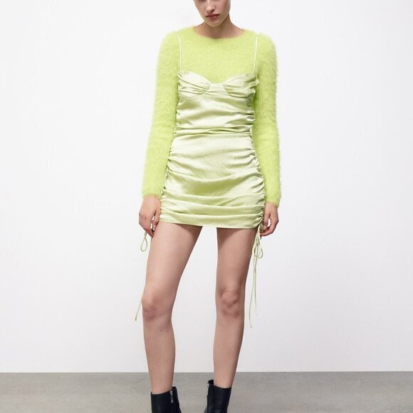 ZARA GREEN RUCHED SATIN EFFECT DRESS - Picture 12 of 16